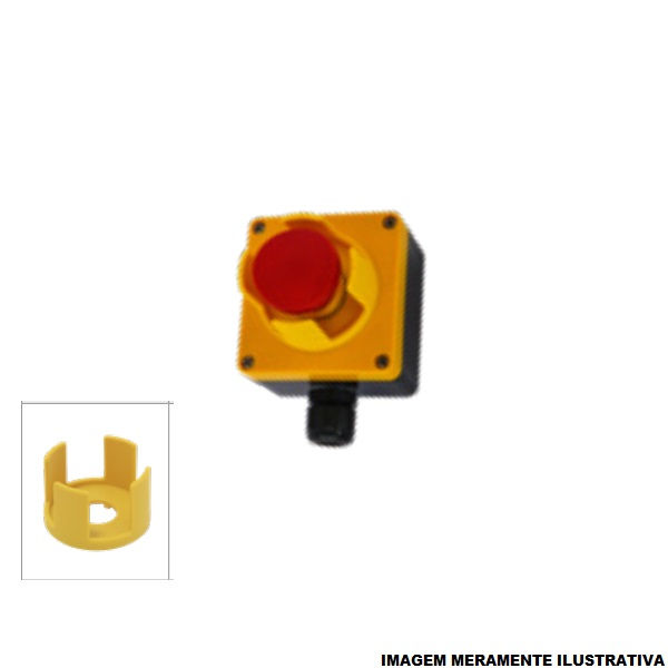 Caixa Botoeira Centralizada ABS 80x82x55 mm com Botão Emergência 2NF Preta/Amarela com Grade de Proteção para Botão