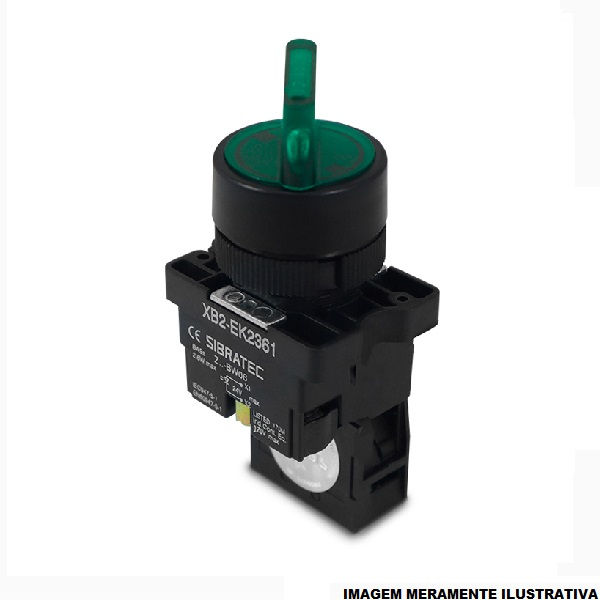 Comutador PVC Comando 22 mm Aro Preto 1NA com LED 24VCA com 2 Posições 90G Manopla Curta Verde