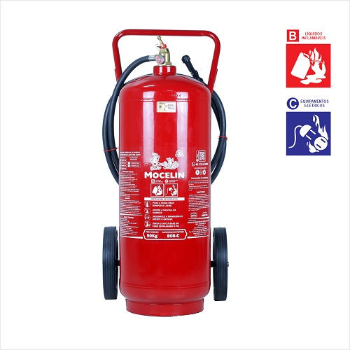 Extintor PO Quimico Seco (Pqs) P/Liquidos Inflamaveis P/Equipamentos Elétricos 50KG Classe BC Com Suporte Sobre Rodas