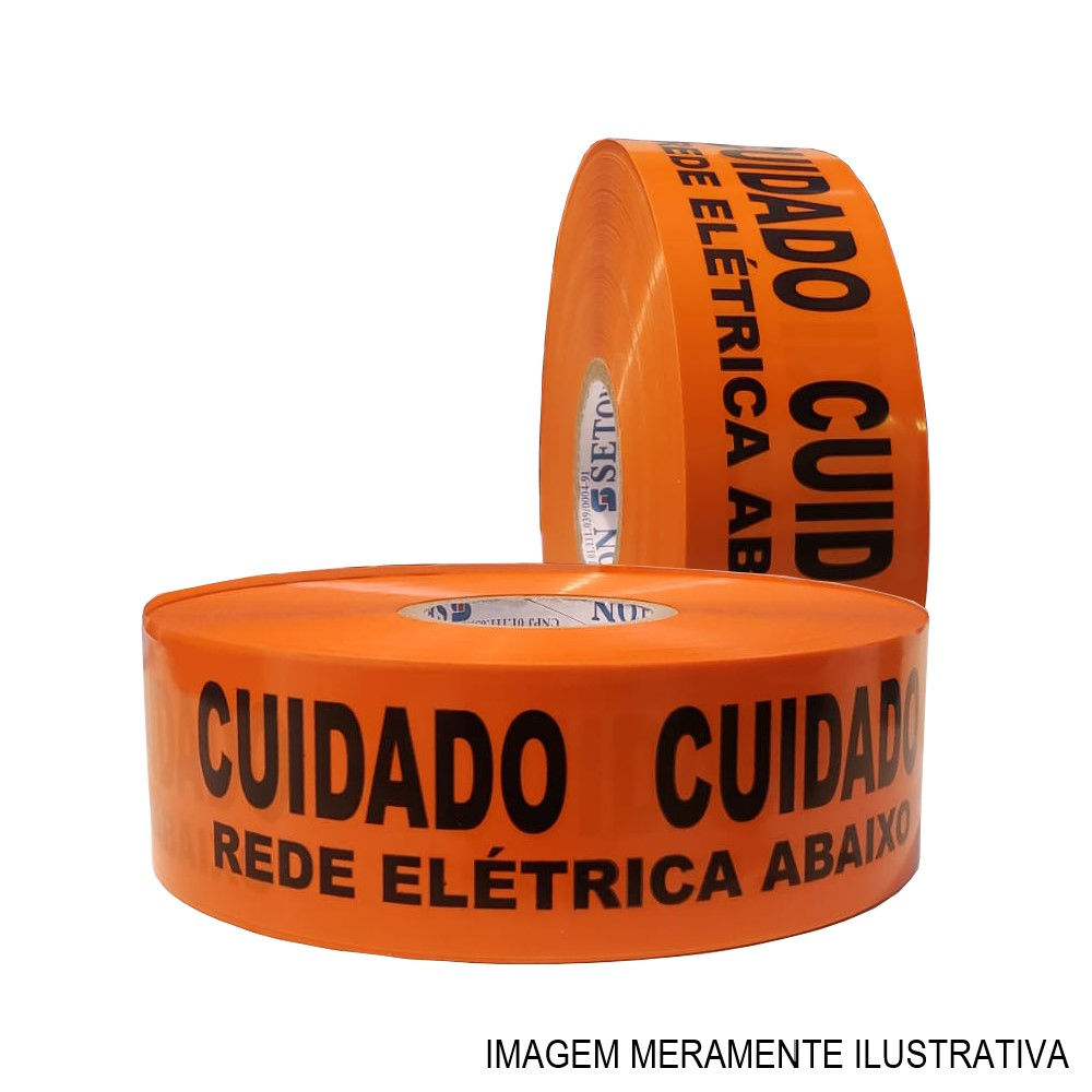 Fita Plástica Subterranea 76 mmX300 M ESP 0,15 mm Laranja-Preto para Sinalização de Aterramento Cuidado Rede Elétrica Abaixo