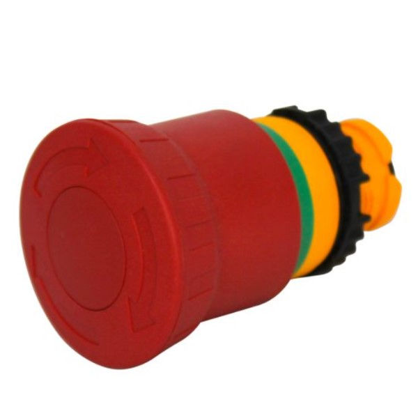Cabeçote PVC para Botão Cogumelo 22 mm Aro Preto com Trava Gira para Destravar 40 mm com Sinalização Lateral Vermelho Opaco sem Elemento Contato