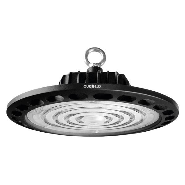 Luminária Industrial Led Sobrepor Redonda Highbay UFO 200W Alumínio 20000 lm 6500K Preta Bivolt IP65 30.000H