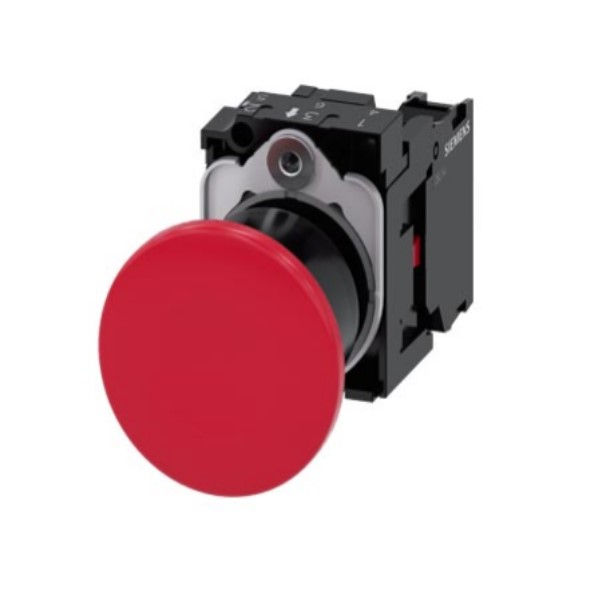 Botão Emergência PVC Cogumelo 22,00 mm Vermelho Aro Preto com Elemento 1NF Gira Destrava 40 mm