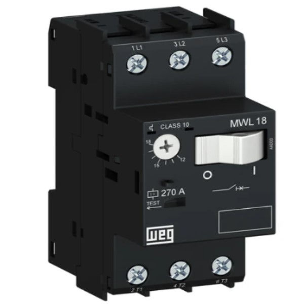 Disjuntor Motor Tripolar MWL18 4,00-6,30A 6 kV Classe 10 com Acionamento Tecla DIN Conexão Parafuso