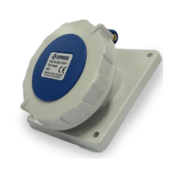 Tomada PVC 2P+T 6H Embutir Industrial 16A/250V com Tampa Azul IP67