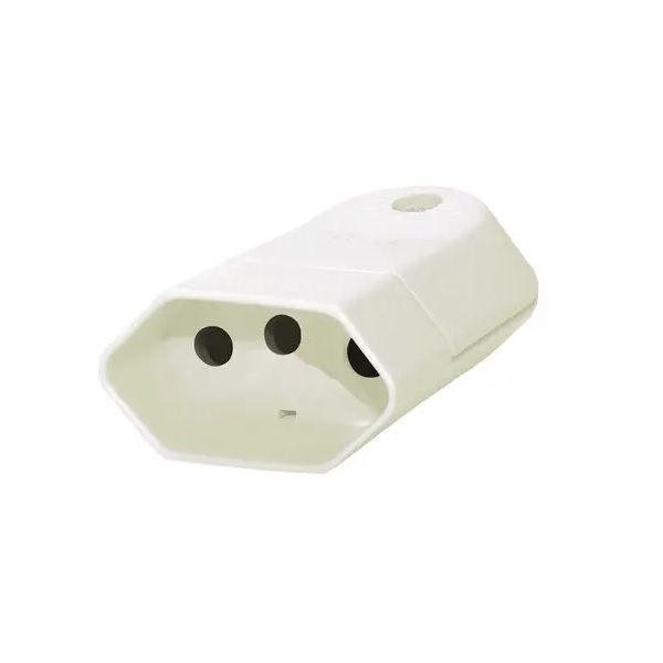 Plugue Fêmea 2P+T 10A 250VCA PVC Branco com Prensa Cabo