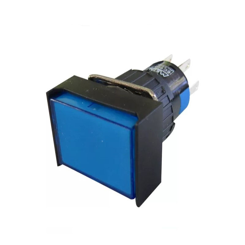 Botão Pulsador PVC Faceado 16,00 mm Azul Aro Preto Retangular com Elemento 2NAF Luminoso com LED 24VCA/CC