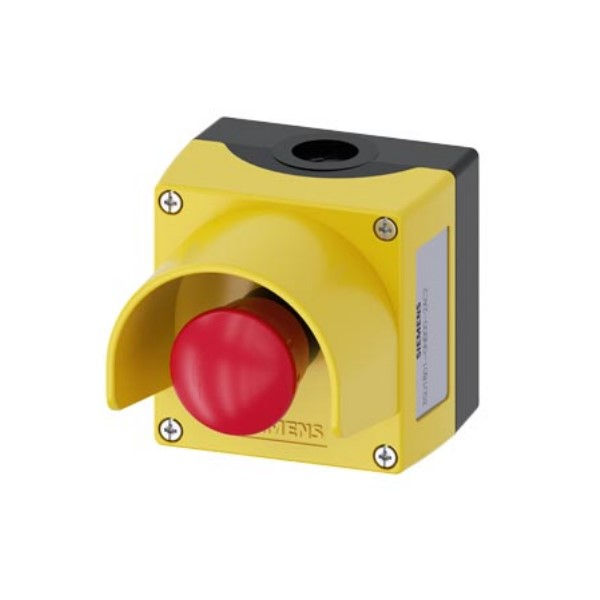 Caixa Botoeira Sobrepor Centralizada PVC 85x85x112,5 mm com Botão Emergência 1NA+1NF com 1 Furo 22 mm Amarelo