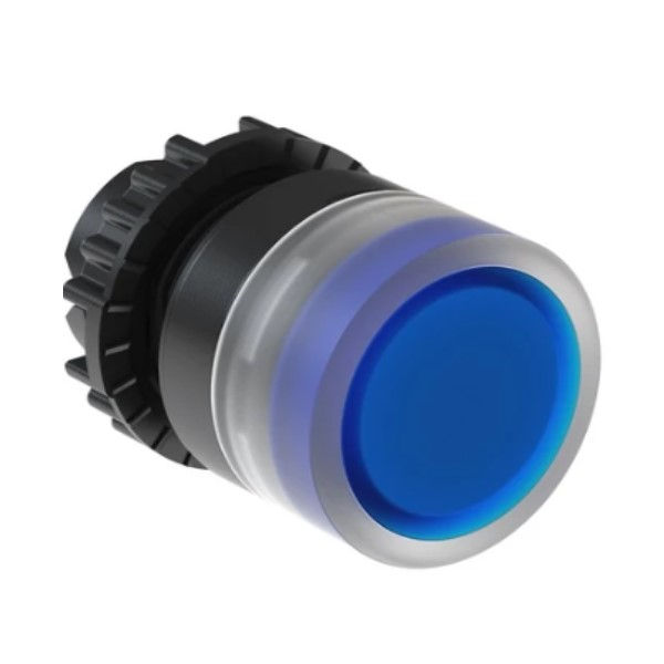 Botão Pulsador PVC Faceado 22 mm Azul Aro Transparente Luminoso com LED 24VCA/CC sem Gravação