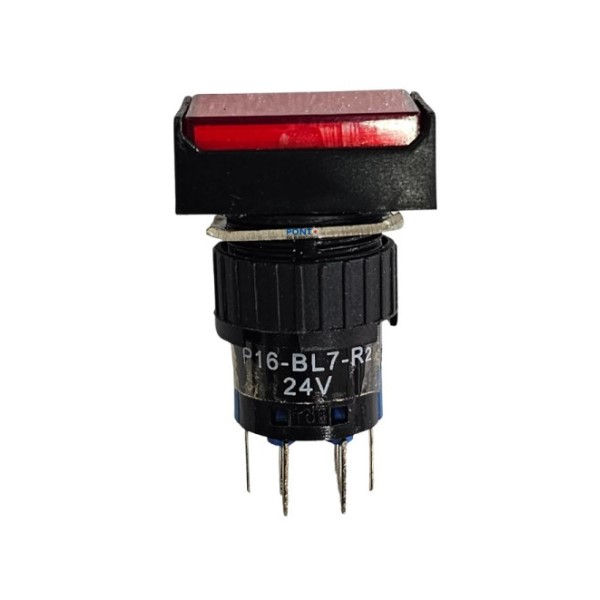Botão Pulsador PVC Faceado 16,00 mm Vermelho Aro Preto Retangular com Elemento 2NAF Luminoso com LED 24VCA/CC