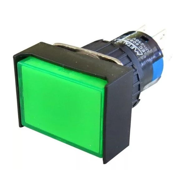 Botão Pulsador PVC Faceado 16,00 mm Verde Aro Preto Retangular com Elemento 2NAF Luminoso com LED 24VCA/CC