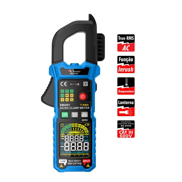 Alicate Medidor Amperímetro Smart Abertura 28 mm Display 3.5/6 Dígitos 60-600A 600V Tensão VCA/CC Categoria III