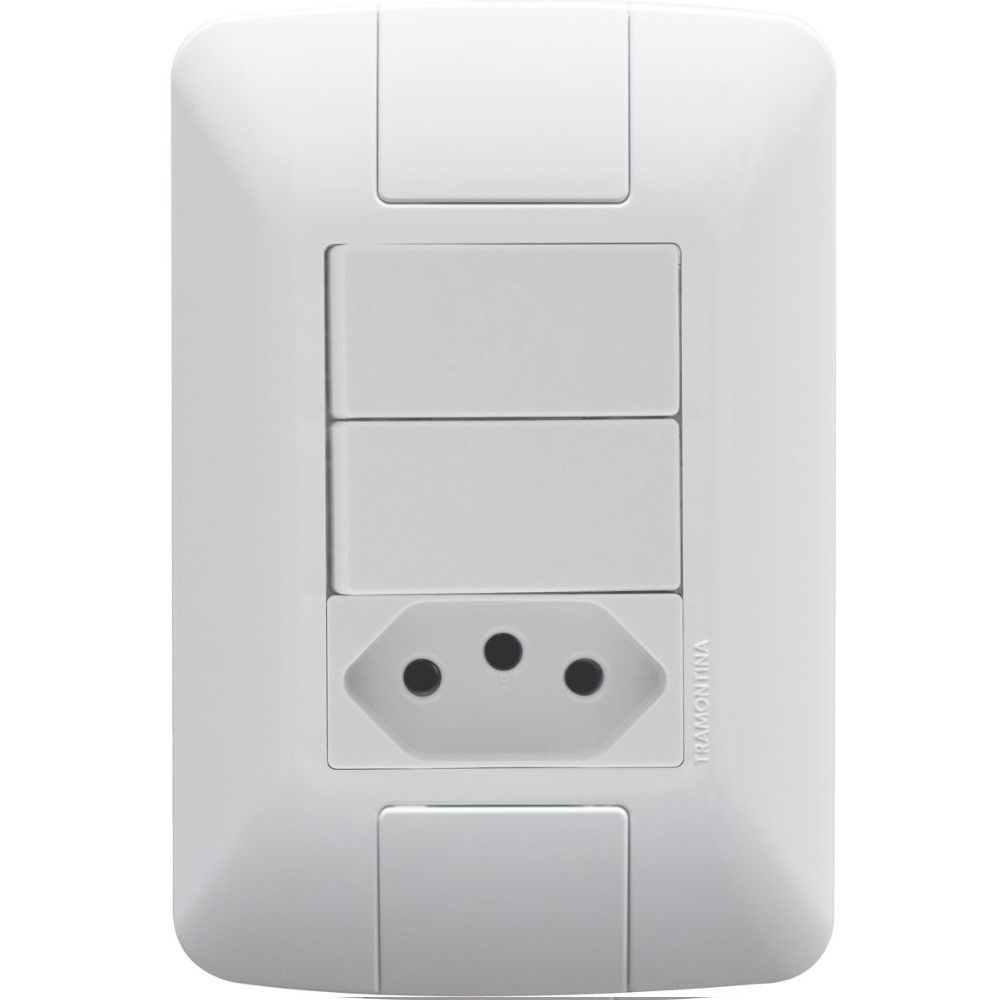 Interruptor Conjunto Embutir 2 Teclas Simples + 1 Tomada NBR 2P+T 10A/250VCA 4x2 Branco Linha Aria com Placa