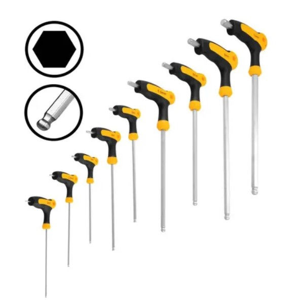 Jogo Chaves T Hexalobular Longa com 9 Peças Aço Vanadio T2,0 mm a T10,0 mm