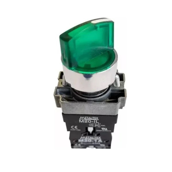 Chave Seletora Iluminada Redondo 2 Posições Fixas 90G 1A 220VCA/CC 22 mm 1NA Verde