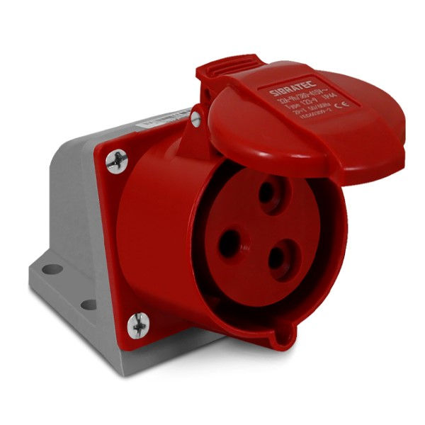 Tomada PVC 2P+T 9H Sobrepor Industrial 32A/380VCA com Tampa Vermelha IP44