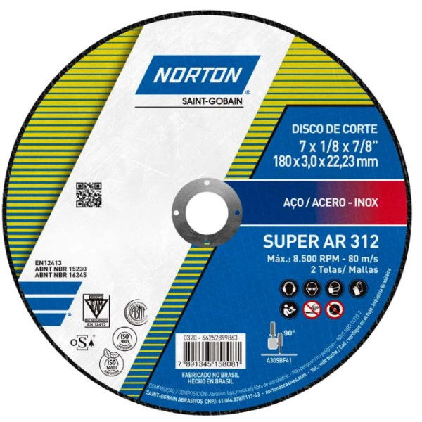 Disco Corte para INOX e Metal 180x3,0x22,2 mm AR312