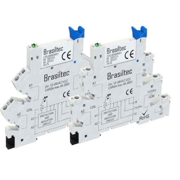 Acoplador Relé 24VCA/CC 1 Contato Reversível com LED 6A Largura 6,2 mm Conexão para Mola para Trilho DIN Estreito