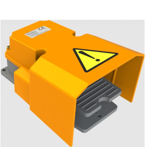 Interruptor Metálico Sobrepor Pedaleira Industrial 15A-600VCA 1NAF Liga/Desliga Laranja com Capa Proteção IP66
