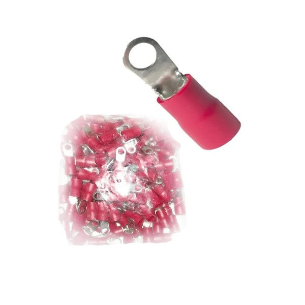 Terminal Cobre Estanhado a Compressão Anel Pre-Isolado 10,00 mm² com 1 Furo M5 Vermelho com 50 Peças