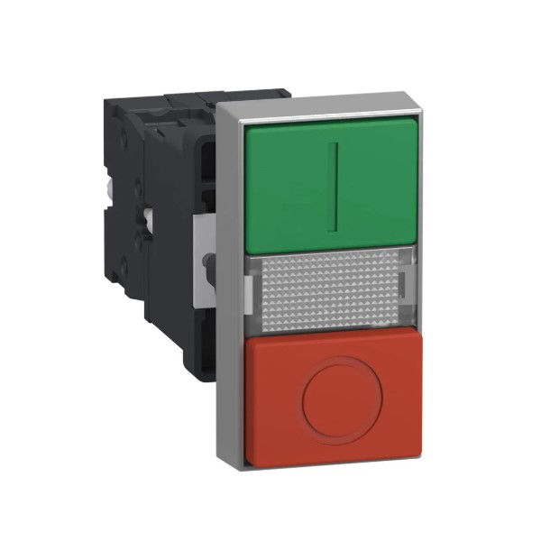 Botão Botão Duplo Metálico Faceado 22,00 mm Verde/Vermelho Aro Cromado com Elemento 1NA+1NF Luminoso com LED 110VCA