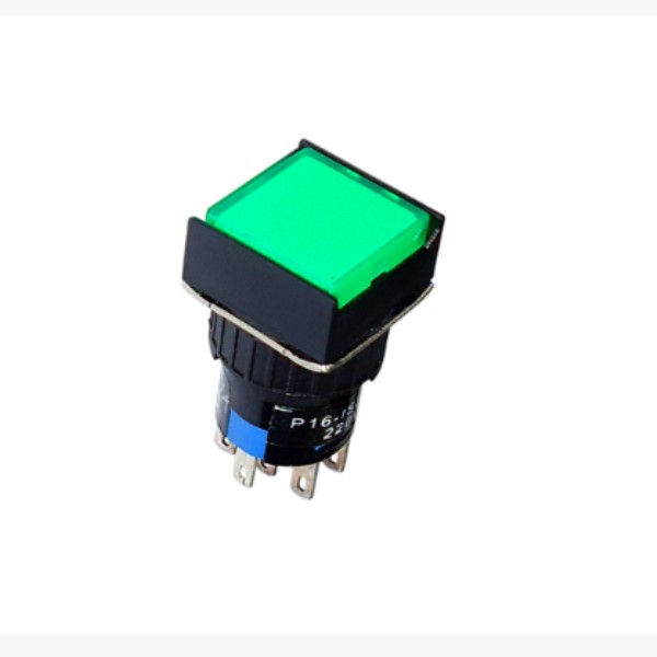 Botão Botão PVC Faceado 16,00 mm Verde Aro Preto Quadrado com Elemento 2NAF Luminoso com LED 220VCA/CC IP40