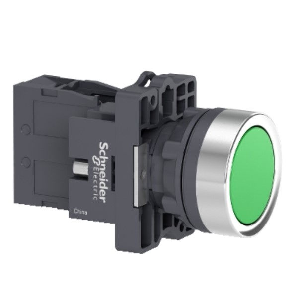 Botão Botão Pulsador PVC Faceado 22,00 mm Verde Aro Cromado com Elemento 1NA Opaco com Trava