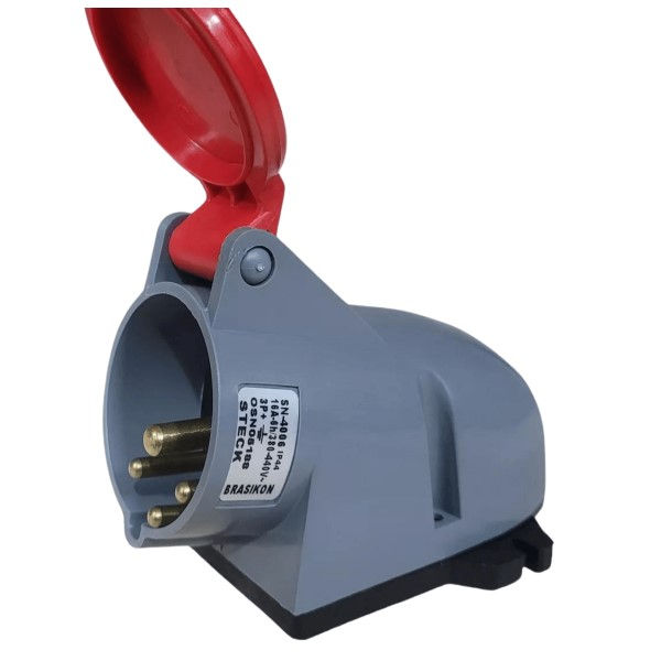 Tomada PVC 3P+T 6H Embutir Industrial Negativa 16A/380/440VCA com Tampa Vermelha Brasikon IP44