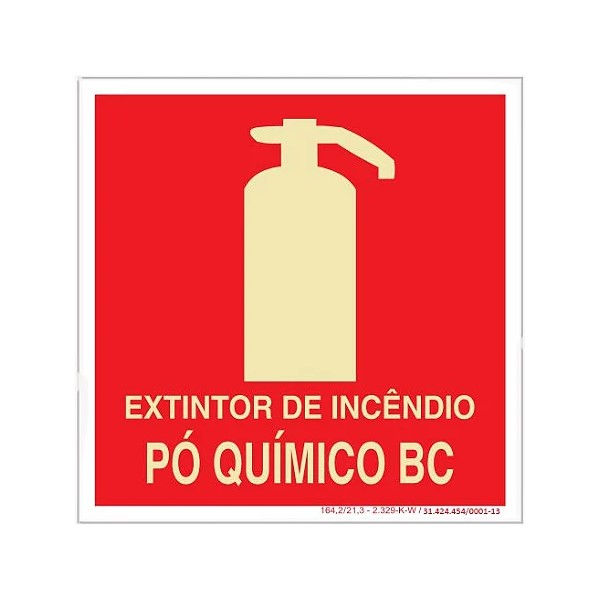 Placa Sinalização Extintor Incêndio PO BC PVC 200x80 mm Fotoluminescente/Vermelha