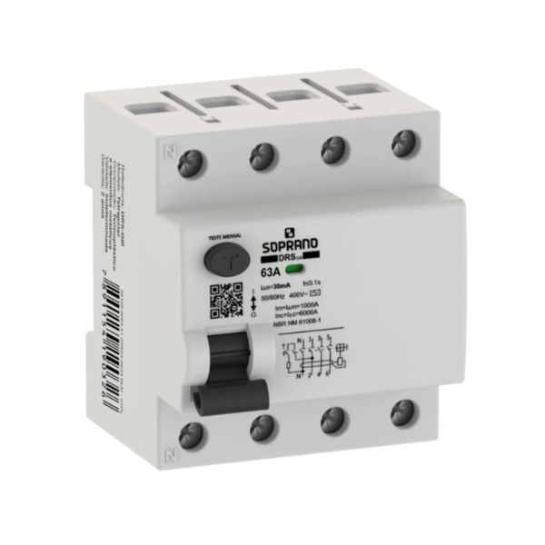 Interruptor dr Tetrapolar 6 KA 220/400VCA 63A 30 MA DIN Tipo AC Diferencial Residual para Barramento Pente Giii