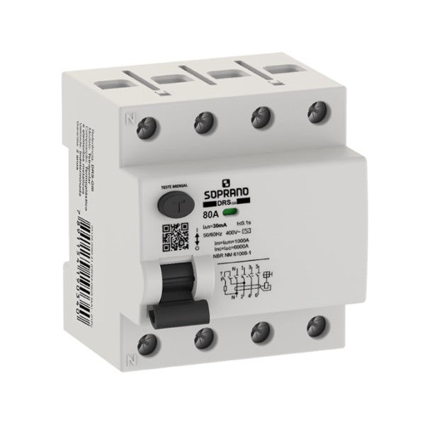 Interruptor dr Tetrapolar 6 KA 220/400VCA 80A 30 MA DIN Tipo AC Diferencial Residual para Barramento Pente Giii