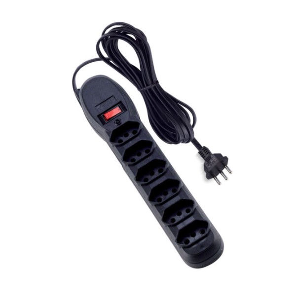 Régua Régua PVC com 6 Tomadas 3P+T 10A Bivolt Preta com Cabo 3 M