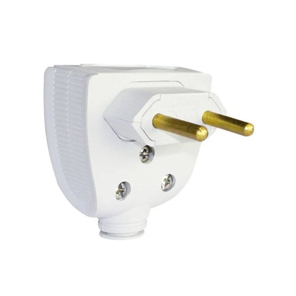 Plugue Macho 90G 2P+T 10A 250VCA PVC Branco com Prensa Cabo