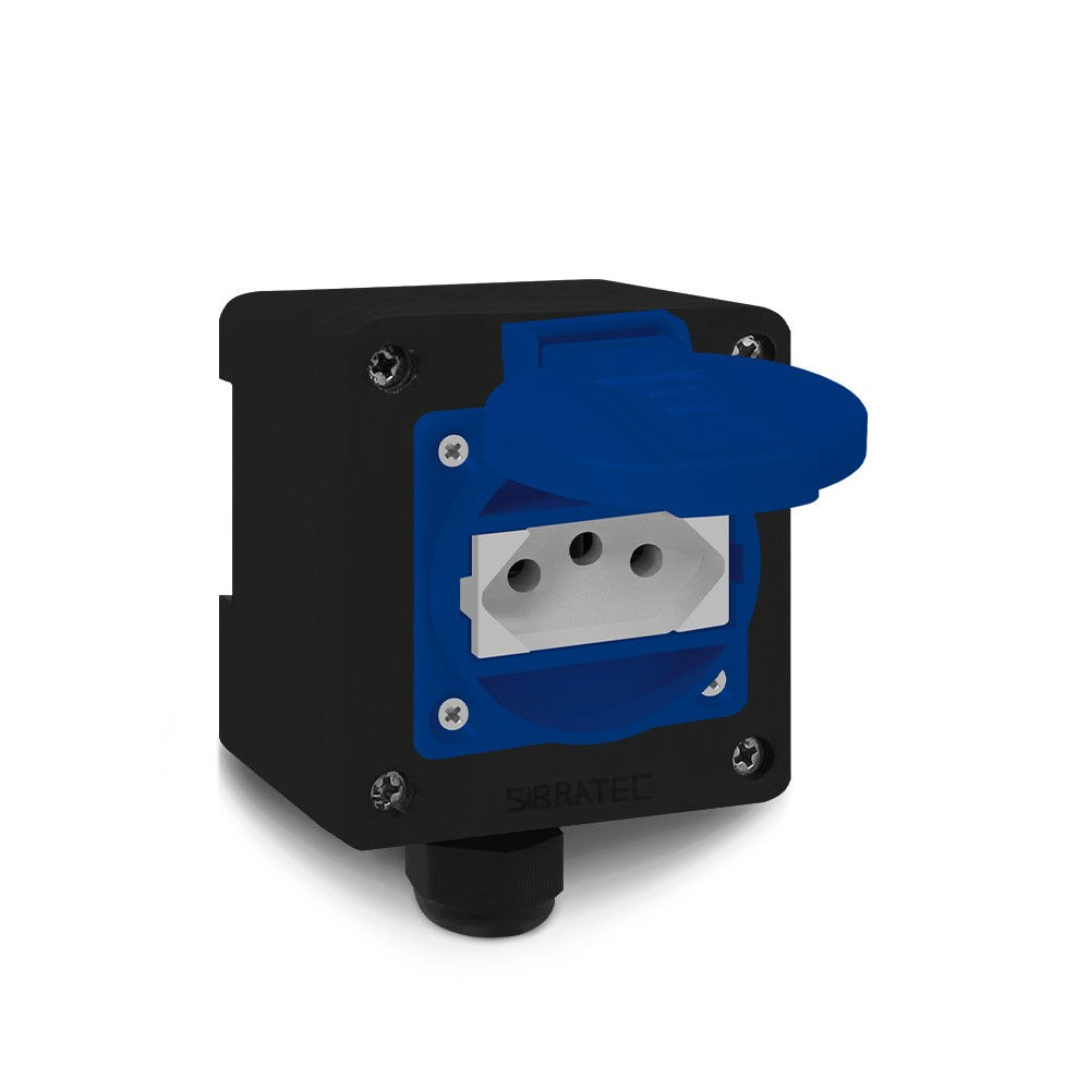 Tomada PVC 2P+T 9H Sobrepor Industrial 20A/250VCA com Tampa Azul IP44