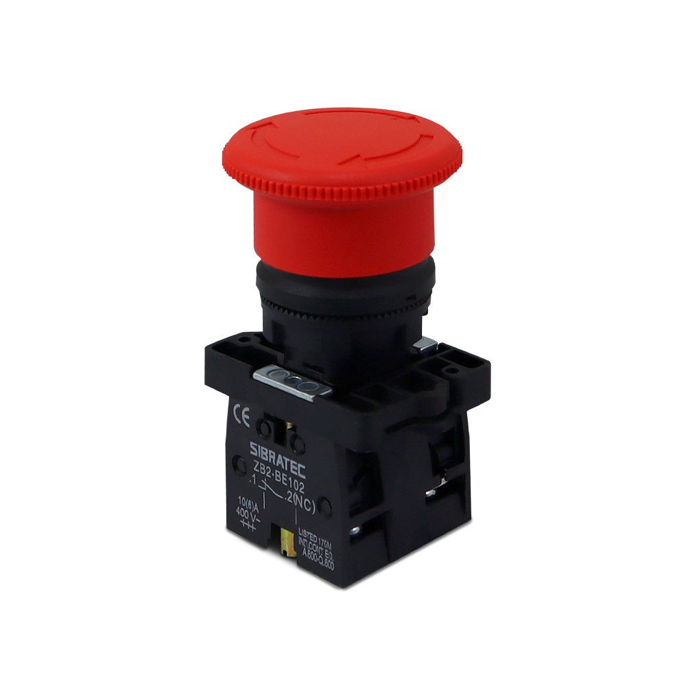 Botão Botão Emergência PVC Cogumelo 22,00 mm Vermelho com Elemento 2NF Opaco Gira Destrava 40 mm