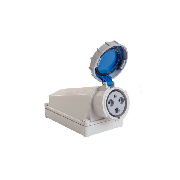 Tomada PVC 2P+T 6H Sobrepor Industrial 125A/250VCA com Tampa Azul IP67