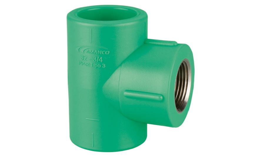 Te Fêmea/Fêmea/Fêmea com Inserto Metálico 25 mmX3/4" PPR Verde Água Quente