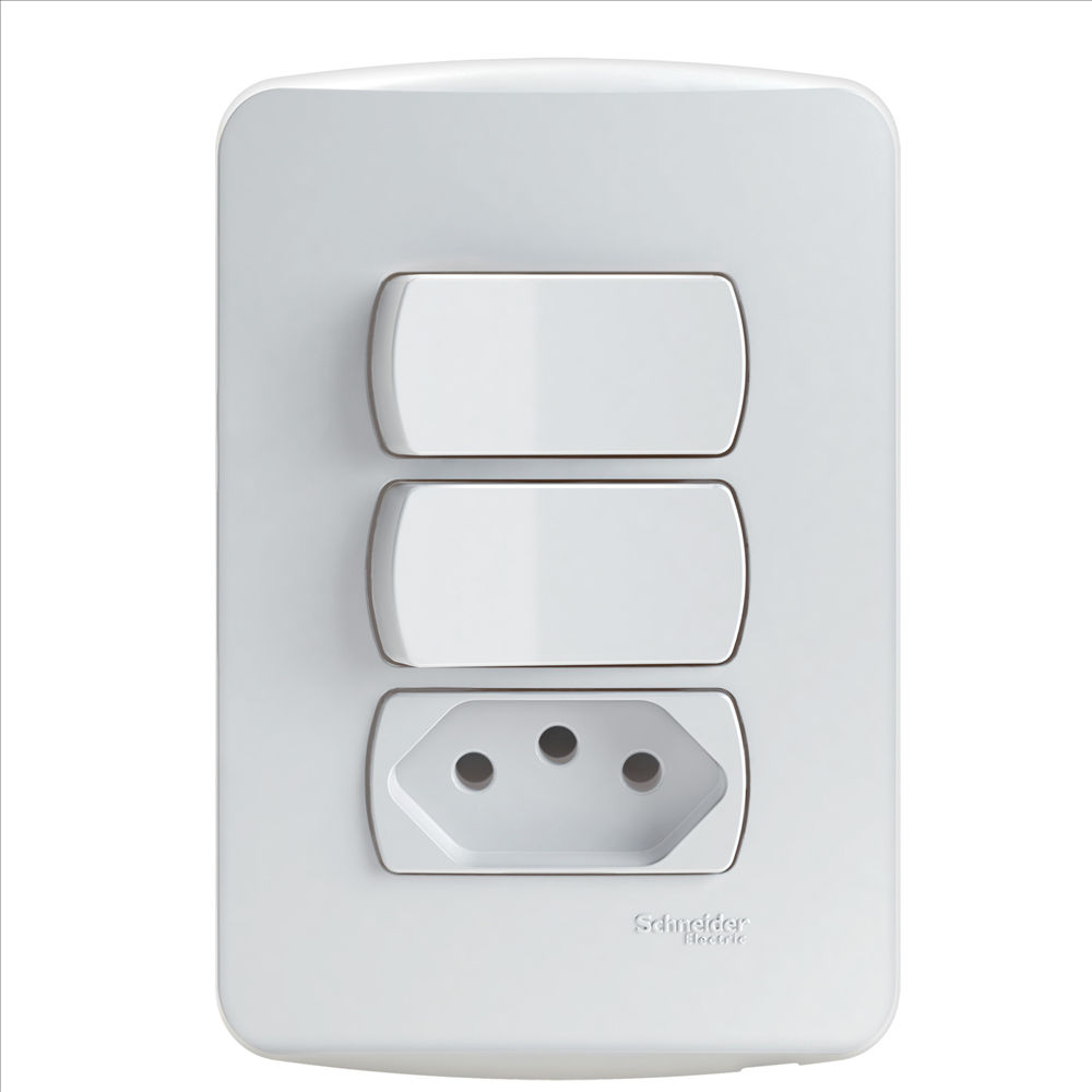 Interruptor Conjunto Embutir 2 Teclas Simples + 1 Tomada NBR 2P+T 10A/250VCA Branco Linha Miluz com Placa