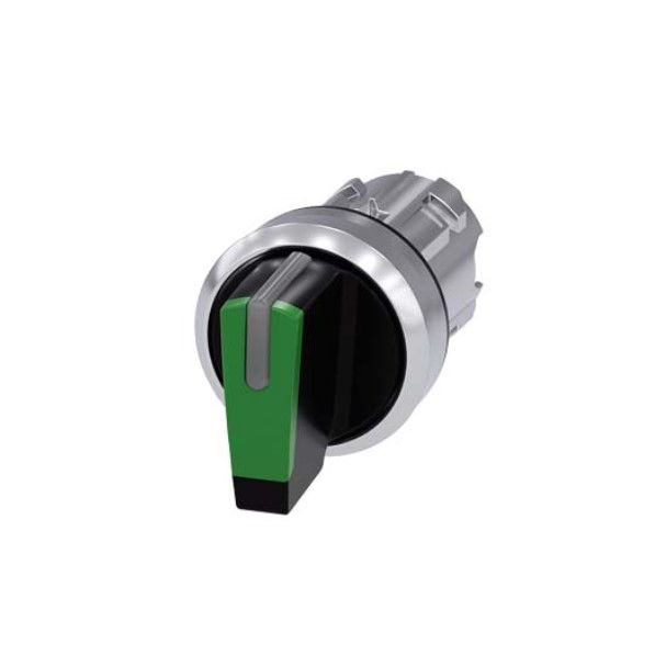 Comutador Metálico Comando Iluminado 22 mm Aro Cromado com 3 Posições 45G com Retenção Manopla Curta Verde