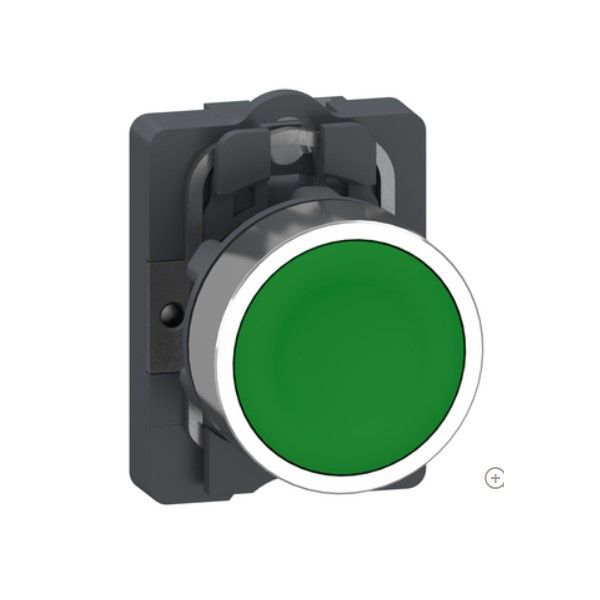 Botão Pulsador PVC Faceado 22,00 mm Verde Aro Cromado com Elemento 1NA Opaco Retorno para Mola