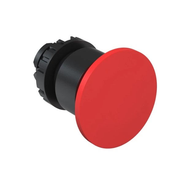 Botão Cogumelo PVC 22 mm Vermelho Opaco Aro Preto com Elemento 1NF 40 mm com Trava Girar para Destravar