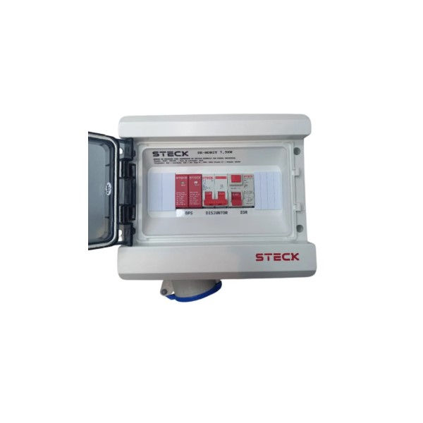 Caixa Proteção PVC para Carregador Veicular 7,5 kW com Visor Transparente com Disjuntor 40A Dr(a) e DPS(2) Cinza 220VCA (Fase/Fase) com Tomada Industrial