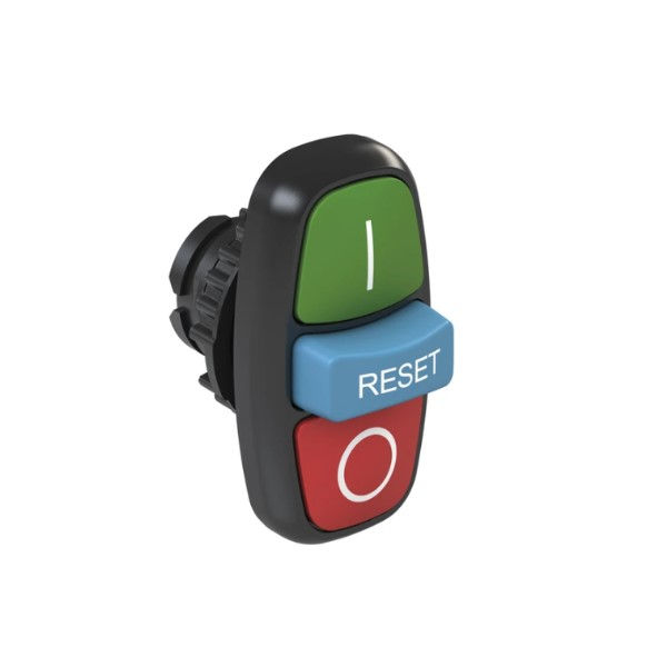 Botão Pulsador Triplo PVC Faceado 22 mm Verde/Azul/Vermelho Aro Preto sem Elemento Luminoso com Gravação I/O Reset IP66