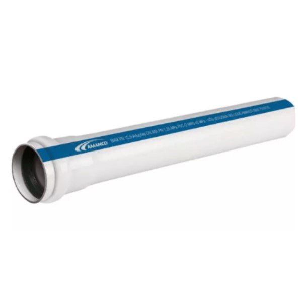 Tubo PVC-O Liso com Anel DN100x6000 mm Biax PN16 Branco e Faixa Azul Adução Água