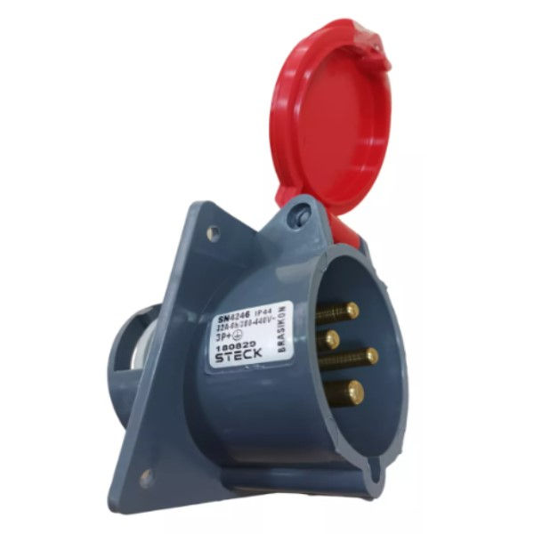 Tomada PVC 3P+T 6H Embutir Industrial Negativa 32A/380/440VCA com Tampa Vermelha Brasikon IP44