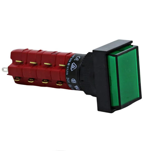 Botão Pulsador PVC Faceado 16,00 mm Verde Aro Preto Retangular com Elemento 4NA+4NF Luminoso sem Gravação