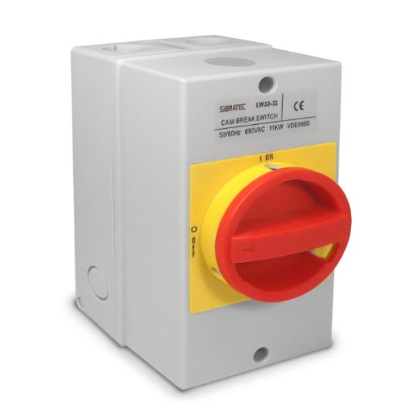 Chave Seccionadora Rotativa LW30-32 Tripolar 240VCA 32A Caixa Compacta para Porta de Painel com Manopla Vermelha com Disposição para Cadeado