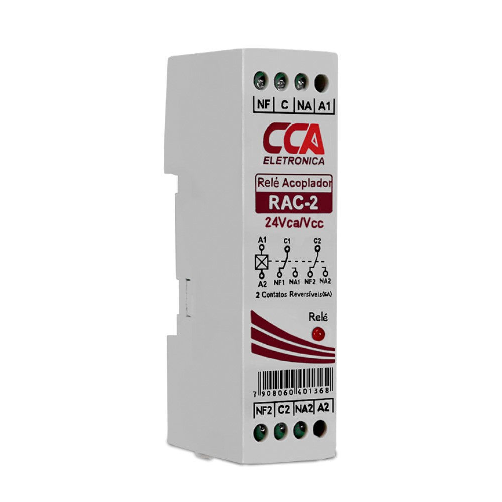 Acoplador Relé 24VCA/CC 2 Contatos Reversíveis sem LED 6A 250VCA Trilho DIN IP20