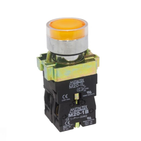 Botão Pulsador PVC Faceado 22 mm Amarelo Aro Cromado com Elemento 1NA+1NF Luminoso com LED 220VCA IP40