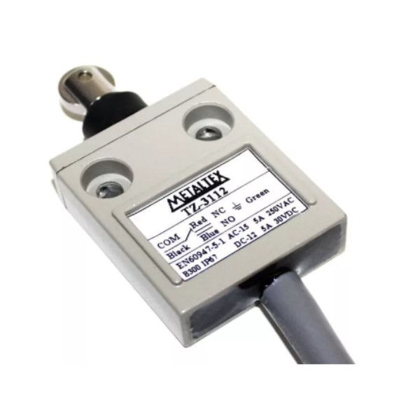 Fim de Curso Ação Rápida TZ3 3A/250VCA Corpo Metálico Caixa Estreita (40 mm) com Pino Rolete com Rolete Metálico (13 mm) 1 Contato Reversível (NAF) com Cabo 3 M IP67